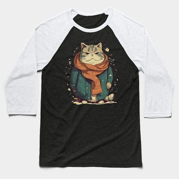 Winter Chubby Cat Baseball T-Shirt by MintaApparel